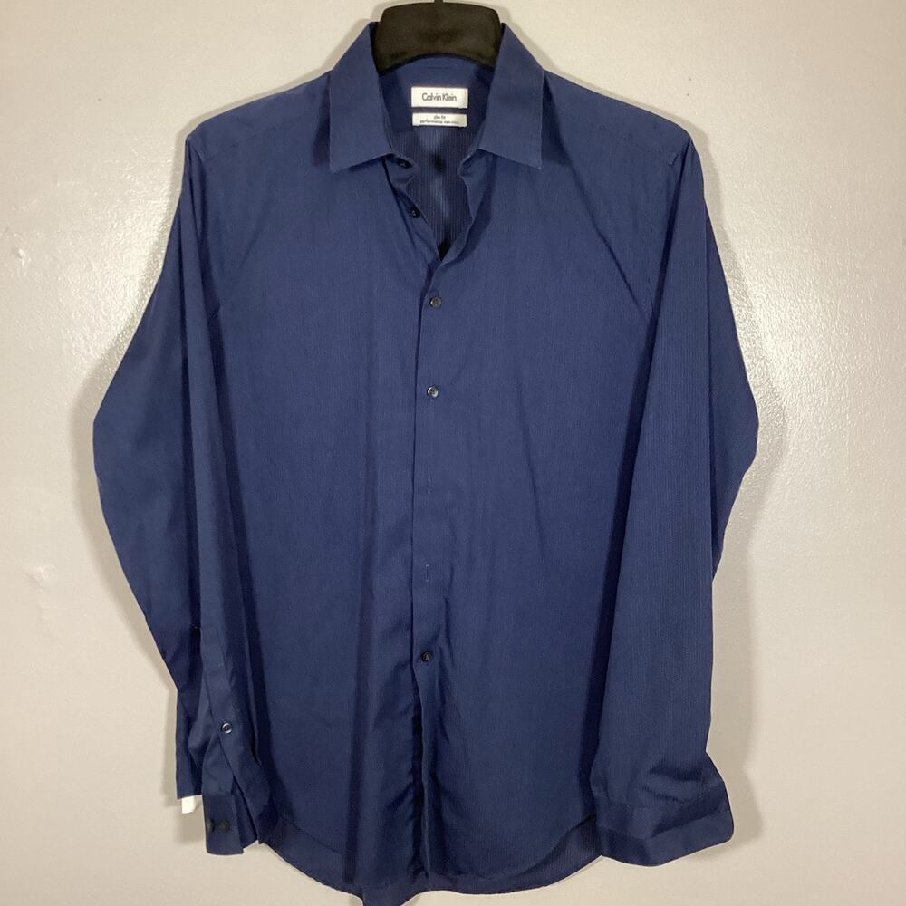 Calvin Klein‎ Mens Blue Slim Fit Button Up Dress Shirt Large 16 34/35 Business